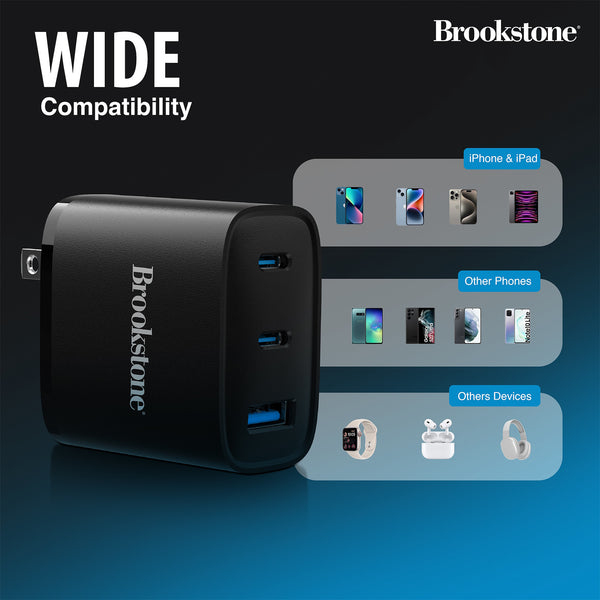 Brookstone Fast Charging Adapter With 3 USB Port 2 USB Type C And 1 USB A 40W Wall Charger For Apple and Android Phones