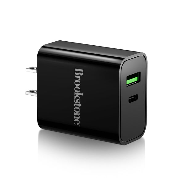 Brookstone Dual Port Fast Charging Adapter with 1 USB Type C 1 USB A 20W Rapid Wall Charger For iPhone Tablet AirPods Android Smart Watches