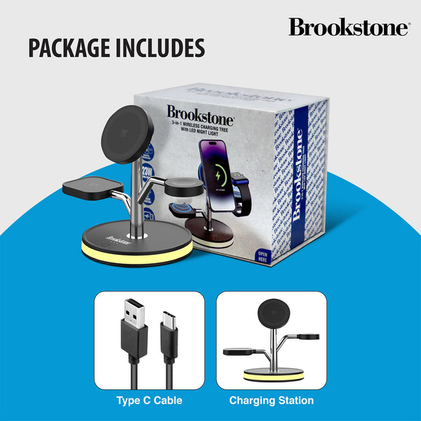 Brookstone 3 in 1 Wireless Charging Station Compatible with MagSafe Charger for Apple Fast Wireless Charger Stand for iPhones iWatch and Airpods