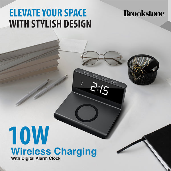 Brookstone Desk LED Alarm Clock 15W Wireless Charger for iPhone Samsung and AirPods Wireless Charger Clock Phone Charger Clock