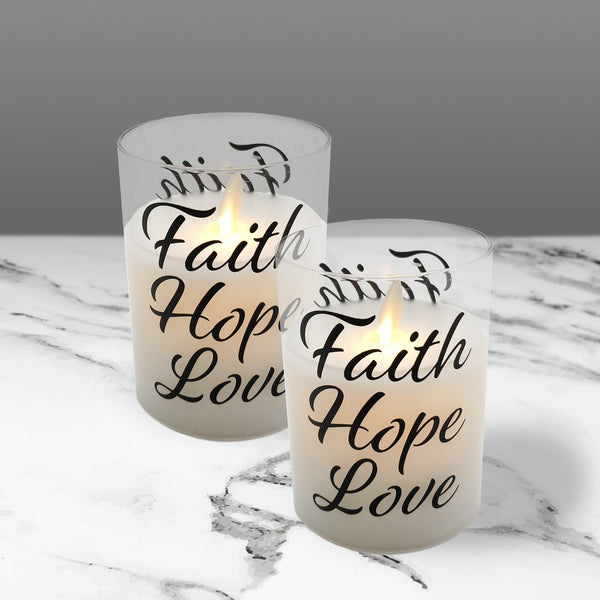 Battery Operated Glass LED Candles with Moving Flame Faith Hope