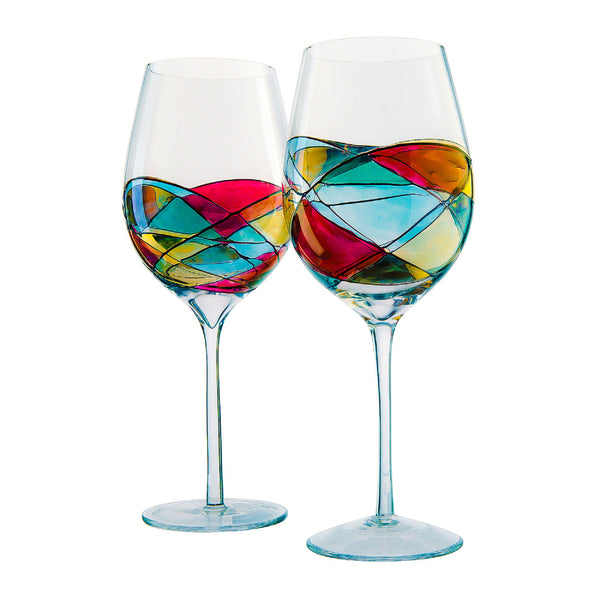 European Romance 2 Large Hand Painted Wine Glasses Brookstone