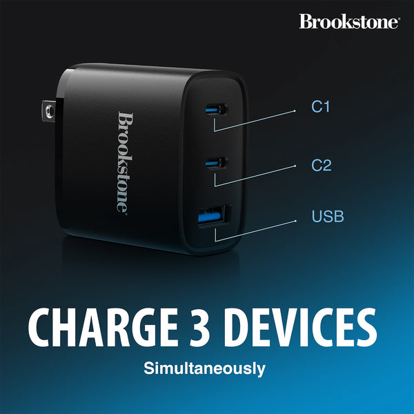 Brookstone Fast Charging Adapter With 3 USB Port 2 USB Type C And 1 USB A 40W Wall Charger For Apple and Android Phones