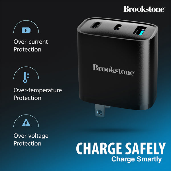 Brookstone Fast Charging Adapter With 3 USB Port 2 USB Type C And 1 USB A 40W Wall Charger For Apple and Android Phones