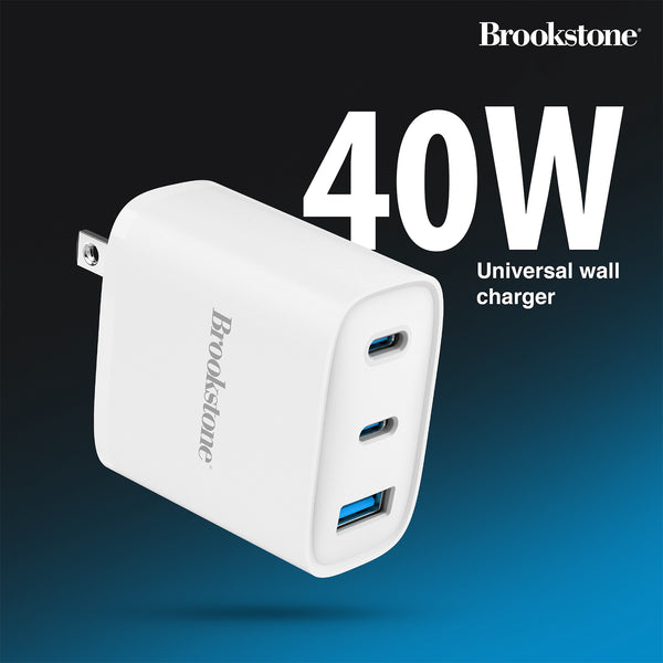 Brookstone Fast Charging Adapter With 3 USB Port 2 USB Type C And 1 USB A 40W Wall Charger For Apple and Android Phones