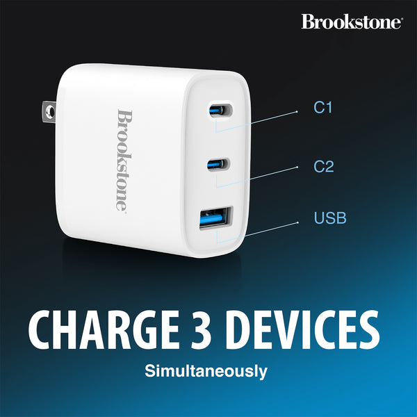 Brookstone Fast Charging Adapter With 3 USB Port 2 USB Type C And 1 U