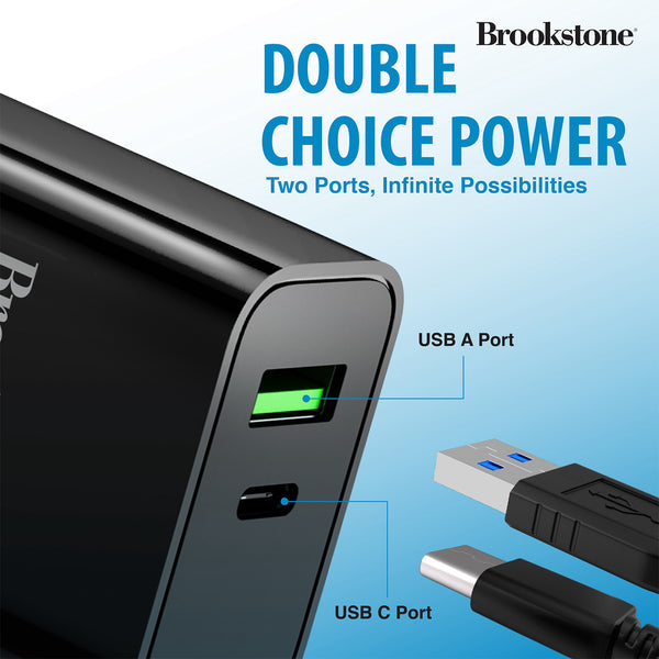 Brookstone Dual Port Fast Charging Adapter with 1 USB Type C 1 USB A 20W Rapid Wall Charger For iPhone Tablet AirPods Android Smart Watches