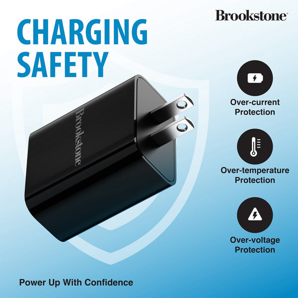 Brookstone Dual Port Fast Charging Adapter with 1 USB Type C 1 USB A 20W Rapid Wall Charger For iPhone Tablet AirPods Android Smart Watches