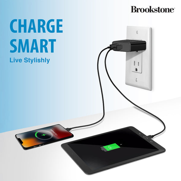 Brookstone Dual Port Fast Charging Adapter with 1 USB Type C 1 USB A 20W Rapid Wall Charger For iPhone Tablet AirPods Android Smart Watches