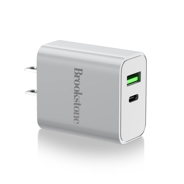 Brookstone Dual Port Fast Charging Adapter with 1 USB Type C 1 USB A 20W Rapid Wall Charger For iPhone Tablet AirPods Android Smart Watches