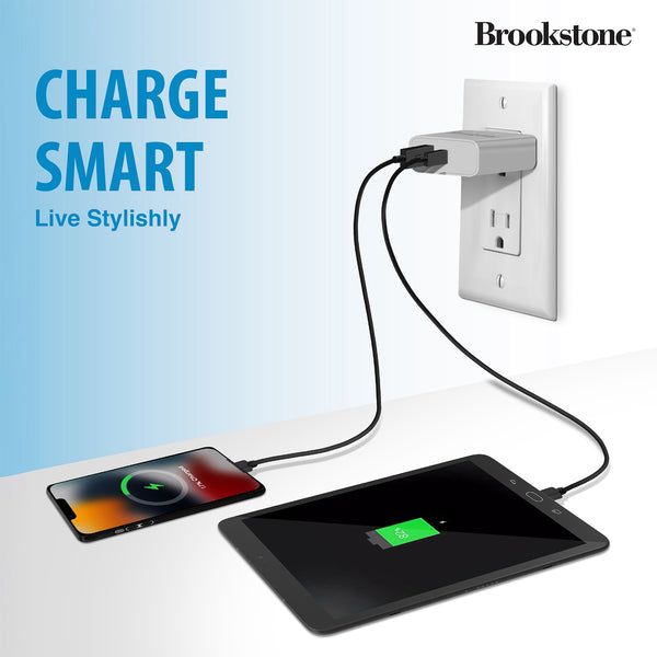 Brookstone Dual Port Fast Charging Adapter with 1 USB Type C 1 USB A 20W Rapid Wall Charger For iPhone Tablet AirPods Android Smart Watches