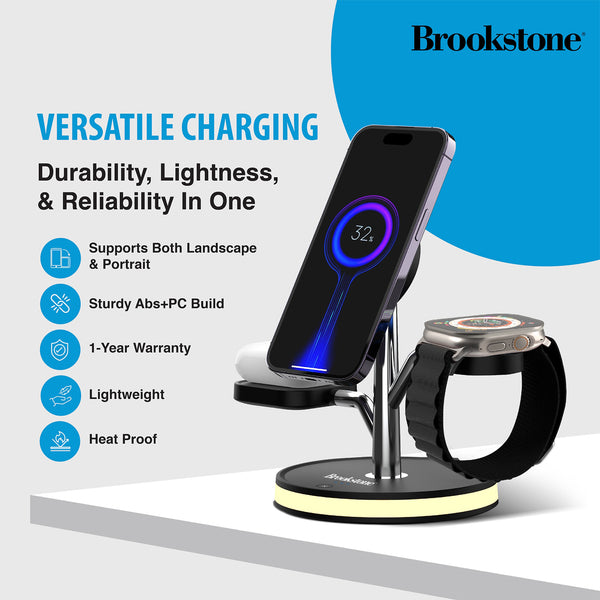 Brookstone 3 in 1 Wireless Charging Station Compatible with MagSafe Charger for Apple Fast Wireless Charger Stand for iPhones iWatch and Airpods