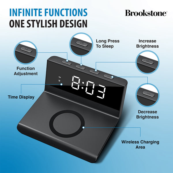 Brookstone Desk LED Alarm Clock 15W Wireless Charger for iPhone Samsung and AirPods Wireless Charger Clock Phone Charger Clock