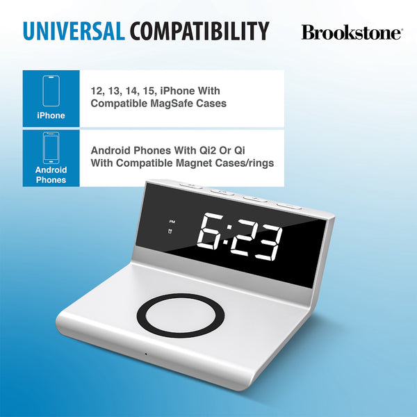 Brookstone Desk LED Alarm Clock 15W Wireless Charger for iPhone Samsung and AirPods Wireless Charger Clock Phone Charger Clock