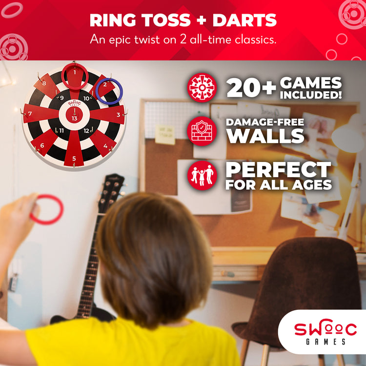 Hook Darts Ring Toss Game ‒ Wood Board and Soft Rings