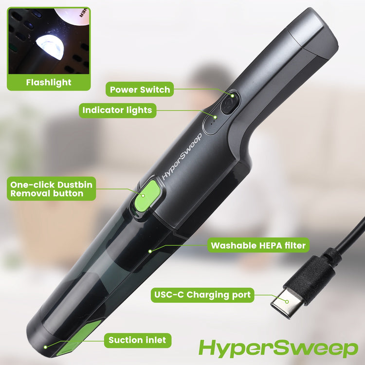 HyperSweep Handheld Cordless Vacuum Cleaner - 12V High Power Car Vacuum with Attachments