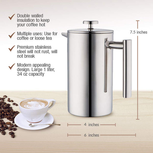 Minimal Double Wall Stainless Steel French Press 720ml in Silver/800Ml Brookstone