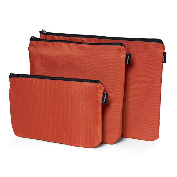 Brookstone 3 Piece Travel Pouch Set Tear Resistant Multi Functional Zipper  Ripstop Cosmetic, Accessory, and Toiletry Pouches (Orange)