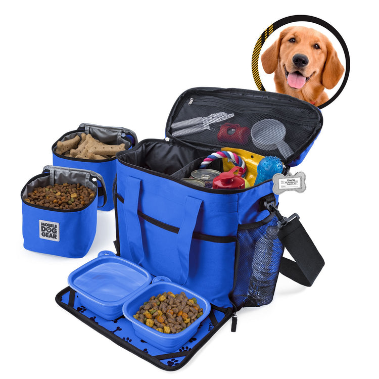 Dog Gear Travel Bag Week Away Tote for Med Large Dog Includes 2 Lined Food Bowls