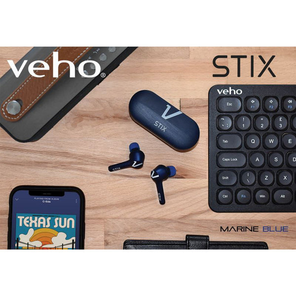  Veho STIX True Wireless Earphones - Bluetooth - Charging Case  Included - Mic - Touch Control - Designed in The UK - Marine Blue Edition -  VEP-116-STIX-M : Electronics
